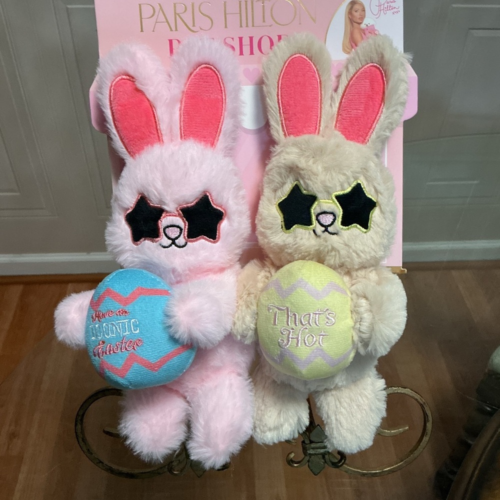 Brand New Set Of 2 Easter Paris Hilton Bunnies Dog  Toy- Very Solf  Squeaker 10” - Picture 6 of 6